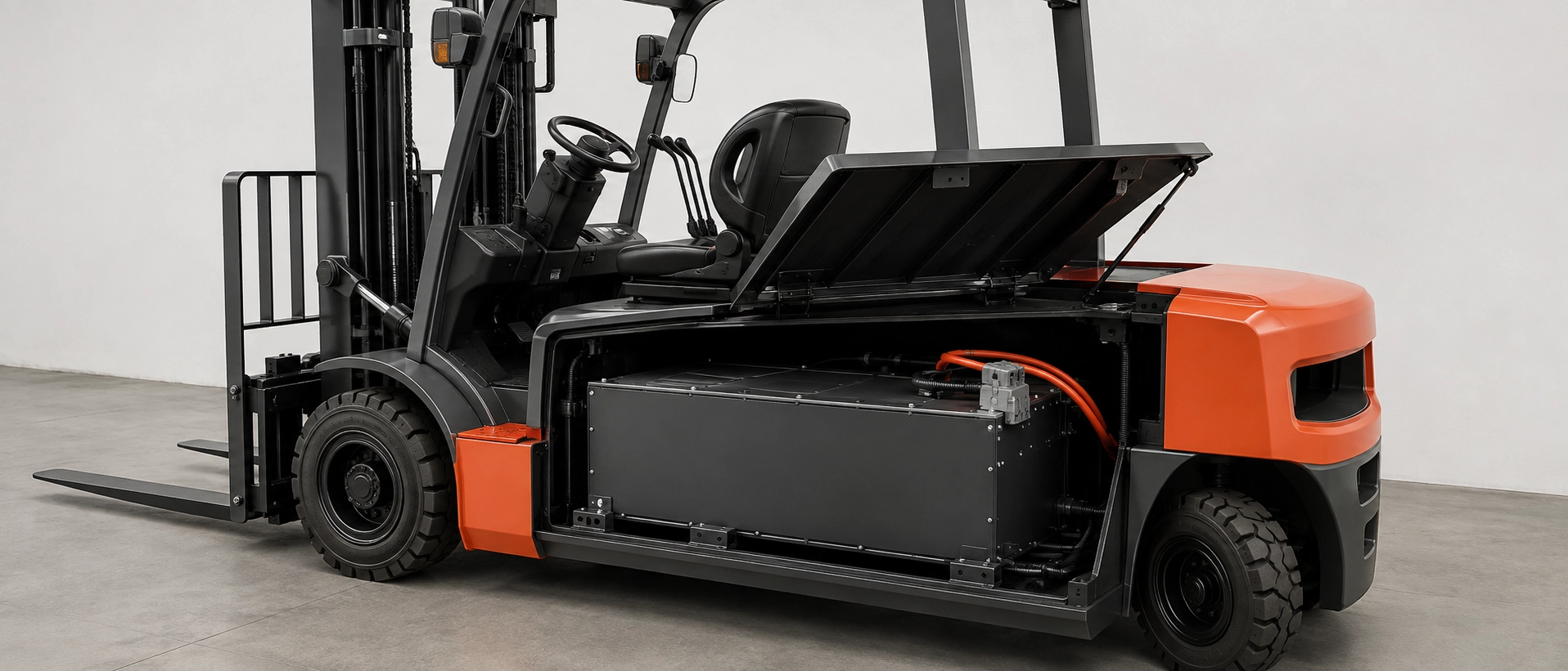 High-capacity 48V electric forklift LiFePO4 battery pack installed in industrial material handling equipment compartment High-capacity 48V electric forklift LiFePO4 battery pack installed in industrial material handling equipment compartment
